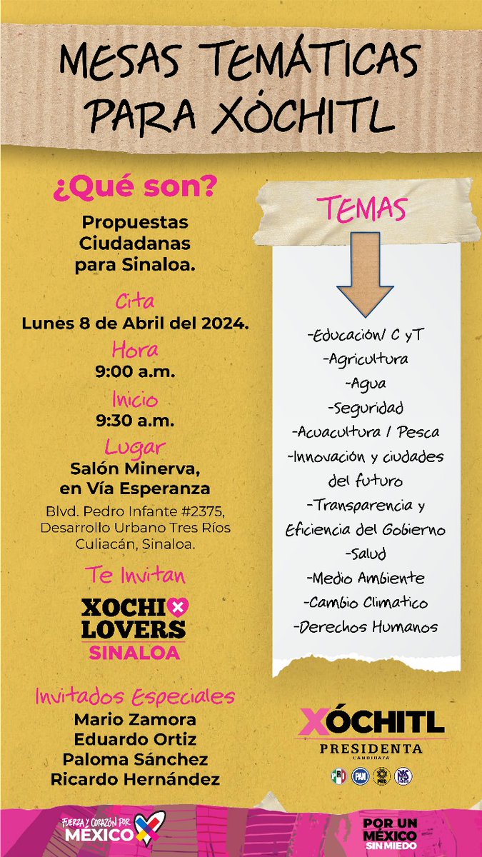 La Resistencia Mx 2030 (@xochitloversin) on Twitter photo <a href="/MarioZamoraG/">Mario Zamora</a> <a href="/XochitlGalvez/">Xóchitl Gálvez Ruiz</a> ¿Listo Senador para la conclusión de las Mesas Tematicas en Sinaloa para <a href="/XochitlGalvez/">Xóchitl Gálvez Ruiz</a> ?
Invitados especiales <a href="/EduardoOrtizH/">Eduardo Ortiz</a> <a href="/palomaSnchez/">Paloma Sánchez</a> Nos vemos a las 9:Am #MesasTematicas #XóchitloversSinaloa <a href="/edelamadrid/">Enrique de la Madrid</a> <a href="/ectorjaime/">Dr. Éctor Jaime</a> <a href="/kenialopezr/">Dra. Kenia López Rabadán</a> <a href="/ClouthierManuel/">Manuel Clouthier C.</a> <a href="/femanzanarez/">Felipe Manzanarez</a> #Sinaloa <a href="/MarioZamoraG/">Mario Zamora</a> <a href="/XochitlGalvez/">Xóchitl Gálvez Ruiz</a> ¿Listo Senador para la conclusión de las Mesas Tematicas en Sinaloa para <a href="/XochitlGalvez/">Xóchitl Gálvez Ruiz</a> ?
Invitados especiales <a href="/EduardoOrtizH/">Eduardo Ortiz</a> <a href="/palomaSnchez/">Paloma Sánchez</a> Nos vemos a las 9:Am #MesasTematicas #XóchitloversSinaloa <a href="/edelamadrid/">Enrique de la Madrid</a> <a href="/ectorjaime/">Dr. Éctor Jaime</a> <a href="/kenialopezr/">Dra. Kenia López Rabadán</a> <a href="/ClouthierManuel/">Manuel Clouthier C.</a> <a href="/femanzanarez/">Felipe Manzanarez</a> #Sinaloa