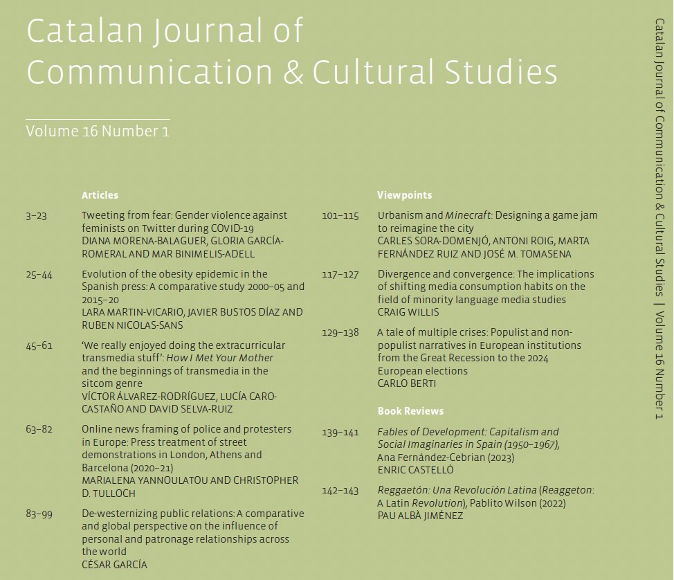 Catalan Journal of Communication &amp; Cultural Studies 16.1 is out now! 
In this miscellaneous issue you'll find works framed under gender studies, health communication, transmedia in the sitcom genre, online news framing or global PR and much more: intellectbooks.com/catalan-journa…