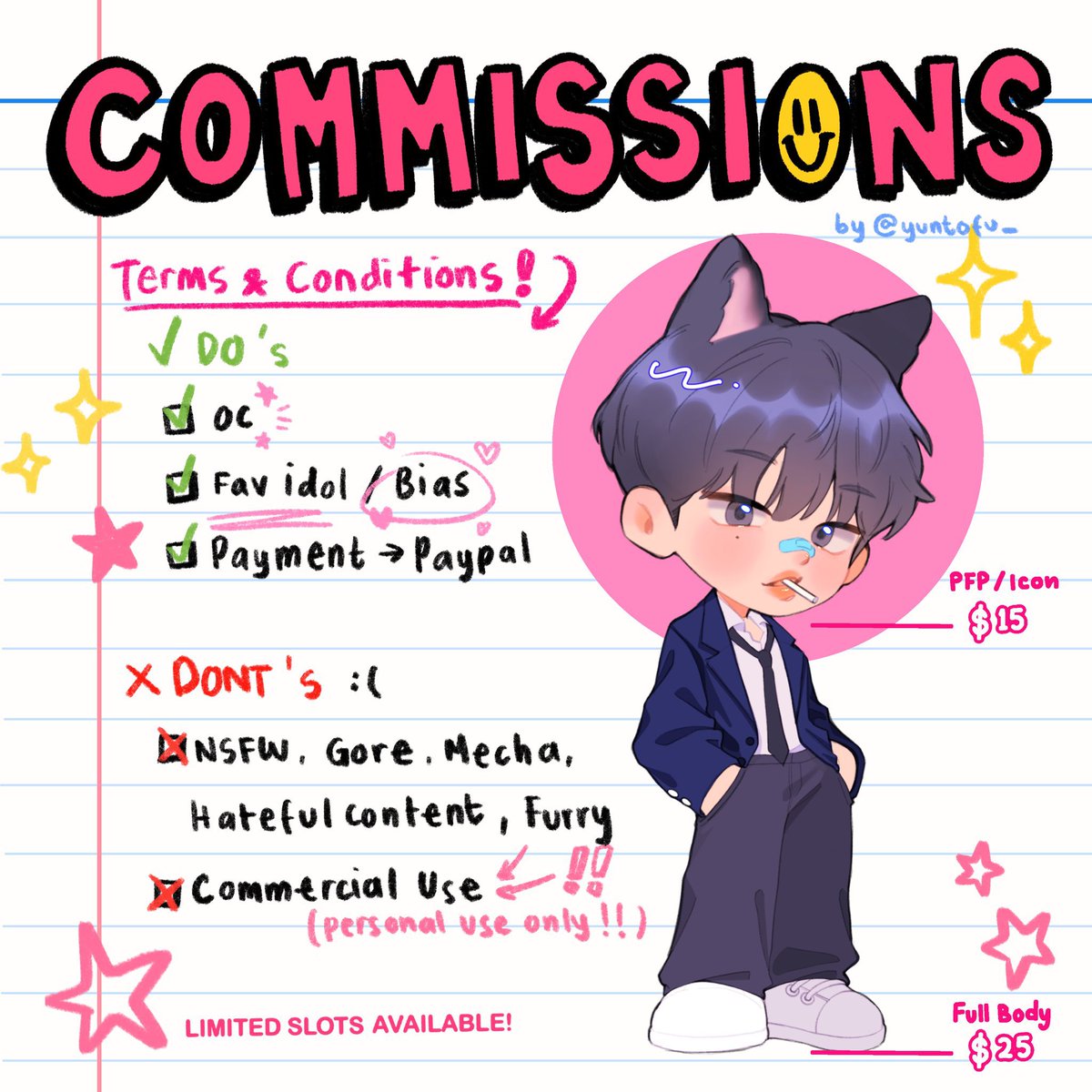 Opening 5 slots until the end of this week🥹 Likes and RTs are very appreciated^^ Please 💌 for availability!!