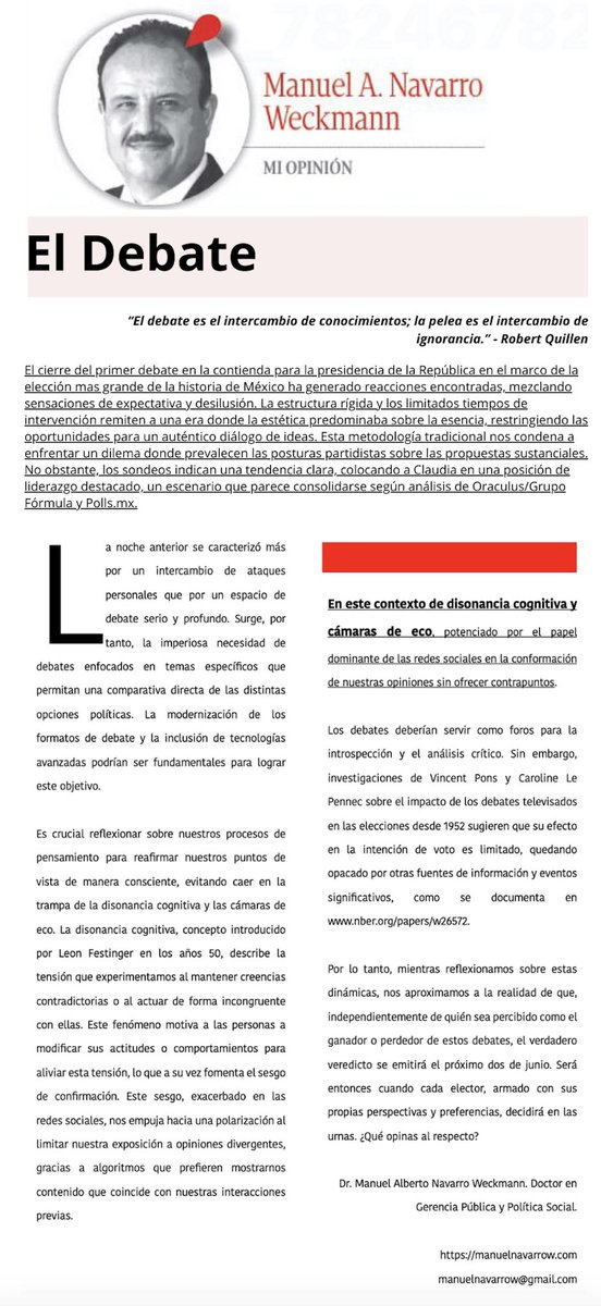 El debate por la presidencia nos deja algunas enseñanzas sobre lo que debe de mejorar para mejorar la calidad de la contienda electoral y cómo 'vemos lo que queremos ver'. Para una lectura más cómoda siga el sitio: manuelnavarrow.com/2024/04/08/el-…