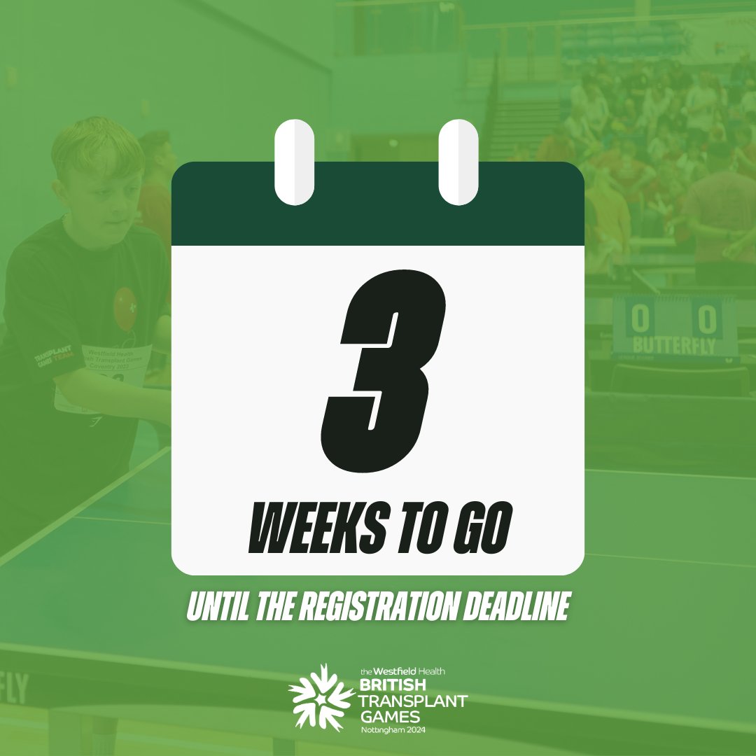 🚨⏰3 WEEKS UNTIL REGISTRATION CLOSES!⏰🚨 Registration will close on 📅 Sunday 26th May! Head over to our website and press 'Register Now' to register in time for Nottingham 2024! Make sure you don't miss out! 💻britishtransplantgames.co.uk