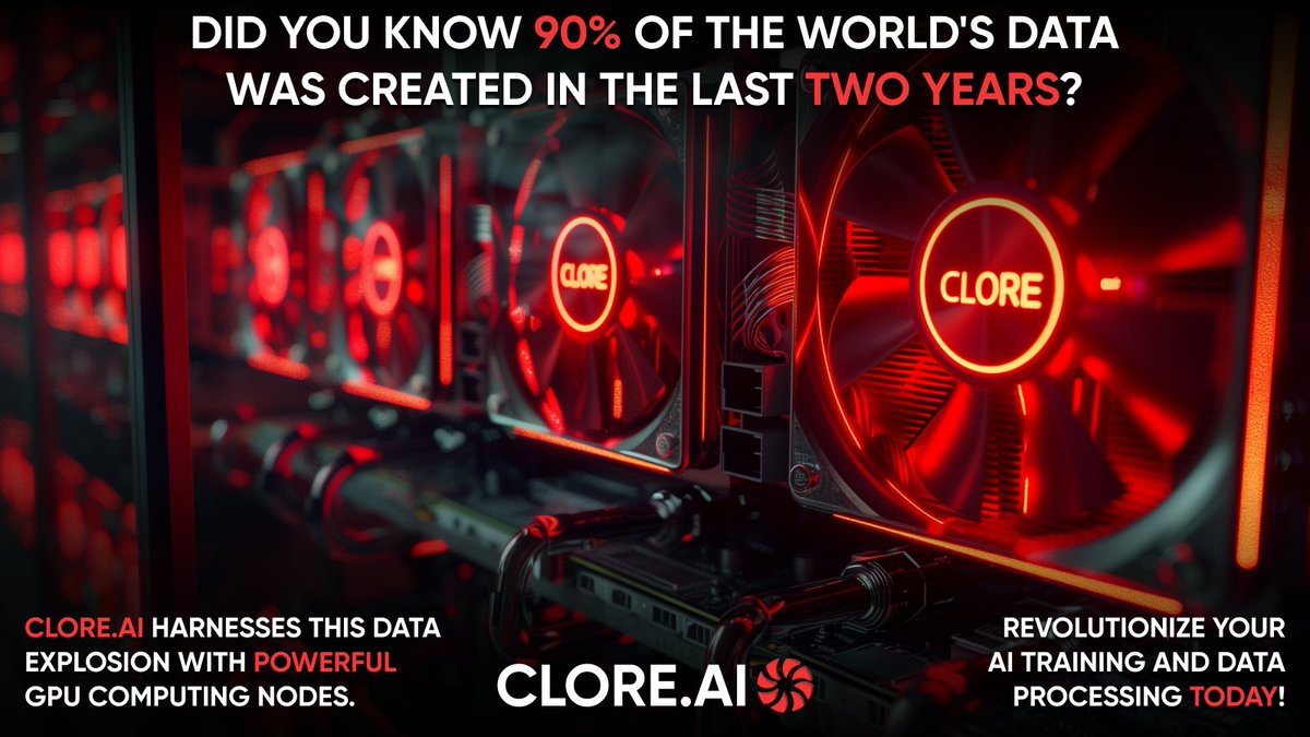 🌐 Did you know 90% of the world's data was created in the last two years? CLORE.AI harnesses this data explosion with powerful GPU computing nodes. Revolutionize your AI training and data processing today! #CloreAi