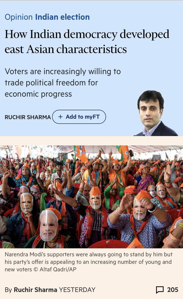 A bold take by #RuchirSharma on #democracy in #India “Indians are willing to trade political freedom for economic progress” For those who’ve experienced extreme poverty (includes me), bread on the dinner table beats “liberal free speech” any day!