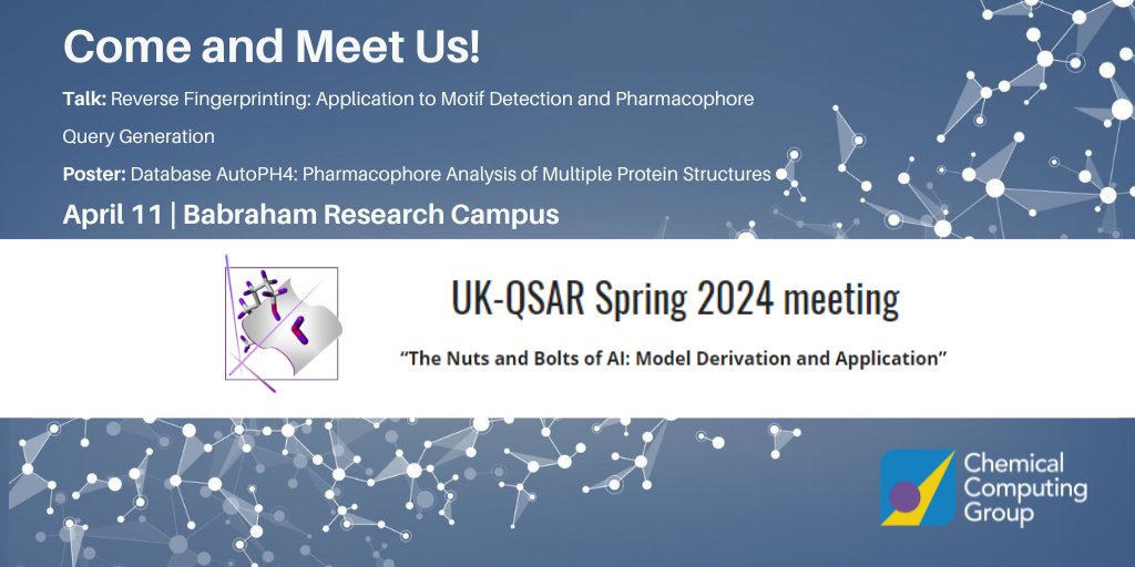 Join us @ UK QSAR Spring 2024 meeting, April 11, Babraham Research Campus, & attend our talk “Reverse Fingerprinting: Application to Motif Detection and Pharmacophore Query Generation” 😀👉 More info @ bit.ly/3TM2GCp #MolecularFingerprints #CompChem #DrugDiscovery #CADD