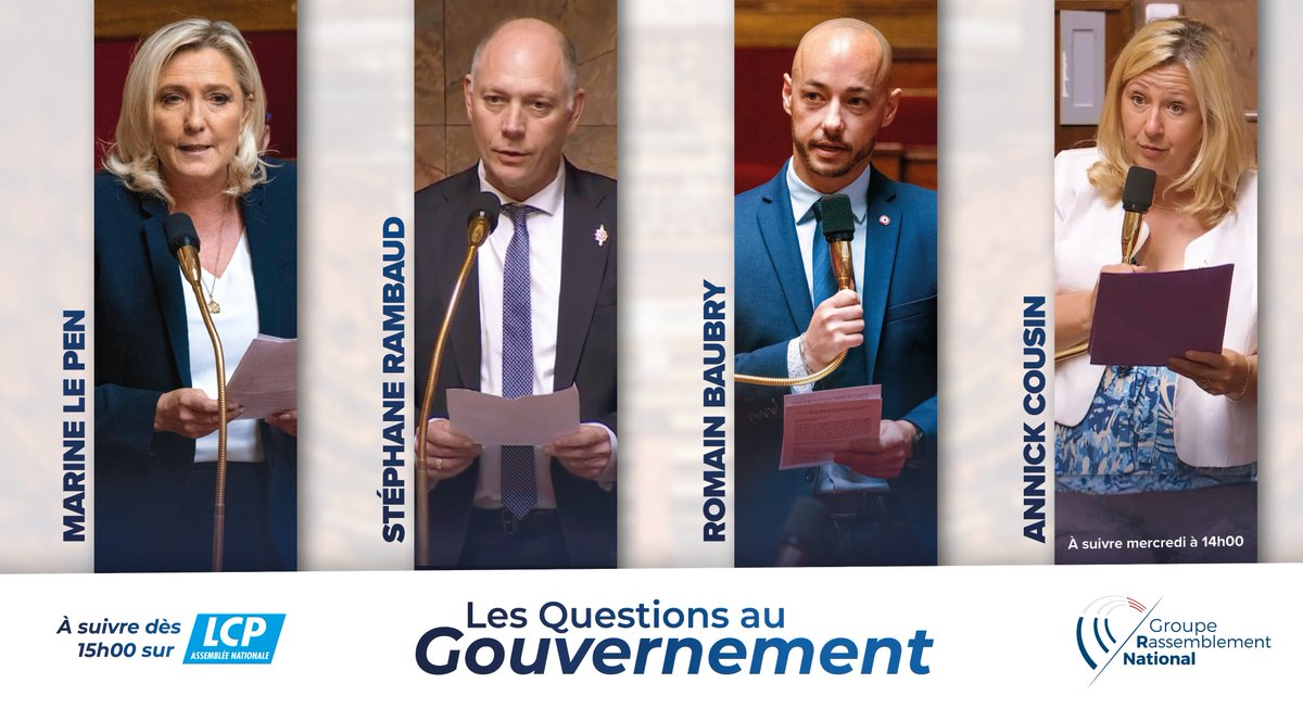 Dès 15h00, retrouvez nos députés pour la séance des Questions au Gouvernement : - @MLP_officiel - @sRambaudRN - @BaubryR - @AnnickCousin_RN (demain à partir de 14h00) À suivre en direct sur : lcp.fr/direct-lcp-5434