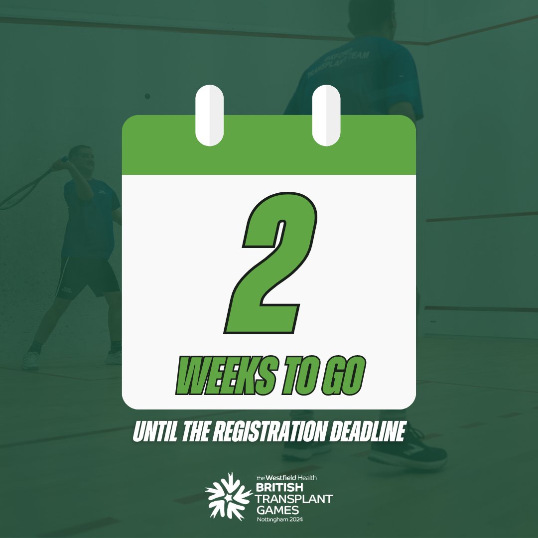 🚨⏰2 WEEKS UNTIL REGISTRATION CLOSES!⏰🚨

Registration will close on 📅 Sunday 26th May!

Head over to our website and press 'Register Now' to register in time for Nottingham 2024!

Make sure you don't miss out!

💻britishtransplantgames.co.uk