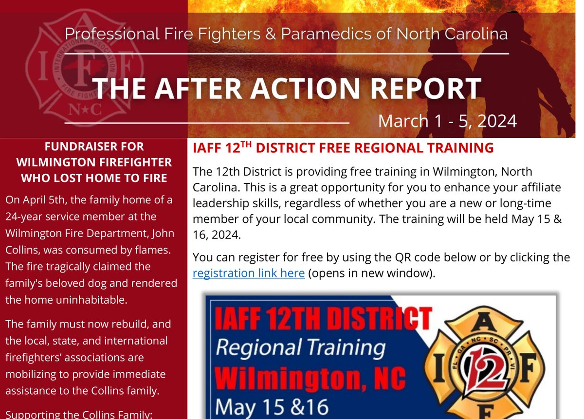 The PFFPNC e-newsletter for April 1-5 includes the announcement of free training from the IAFF 12th District to be held in Wilmington. Also out of Wilmington, there's information on how you can support a firefighter who lost his home to a fire. READ: pffpnc.org/newsletters/