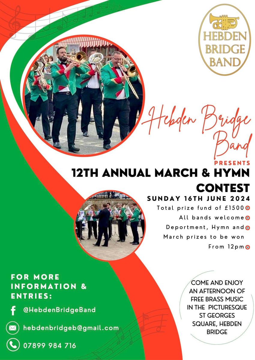 Hebden Bridge Band (@hebdenbridgebb) on Twitter photo 🎺 We are still taking entries for the 2024 March & Hymn Contest! 🎺
📅 Sunday 16th June
📍 St Georges Square, Hebden Bridge
🏆 £1500 total prize fund!
☀️ We can't guarantee the weather, but it is always a fantastic afternoon!!
<a href="/BB1887/">British Bandsman</a> <a href="/4barsrest/">4barsrest.com</a> <a href="/BrassBandsEng/">Brass Bands England</a> <a href="/BBWMagazine/">Brass Band World</a> 🎺 We are still taking entries for the 2024 March & Hymn Contest! 🎺
📅 Sunday 16th June
📍 St Georges Square, Hebden Bridge
🏆 £1500 total prize fund!
☀️ We can't guarantee the weather, but it is always a fantastic afternoon!!
<a href="/BB1887/">British Bandsman</a> <a href="/4barsrest/">4barsrest.com</a> <a href="/BrassBandsEng/">Brass Bands England</a> <a href="/BBWMagazine/">Brass Band World</a>