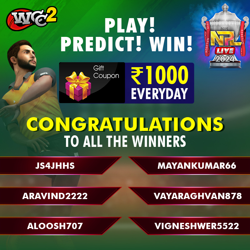Play! Predict! Win! Congratulations to the winners #WCC3: wcc3.onelink.me/dToA/m08zqles Every day: ➡️ Play and Predict the winning team in NPL Live ➡️ Get Raffle token and WIN ₹1000! (Yes, EVERY DAY!) #IPL2024 #cricketfans #cricketfamily #thebestneverrest #worldcricketchampionship3