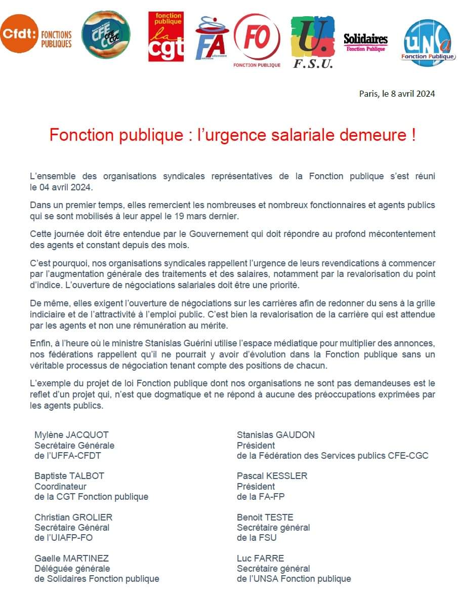 FederationAuto's tweet image. @FederationAuto communiqué intersyndical #fonctionpublique
L'urgence salariale demeure @StanGuerini @GabrielAttal @EmmanuelMacron