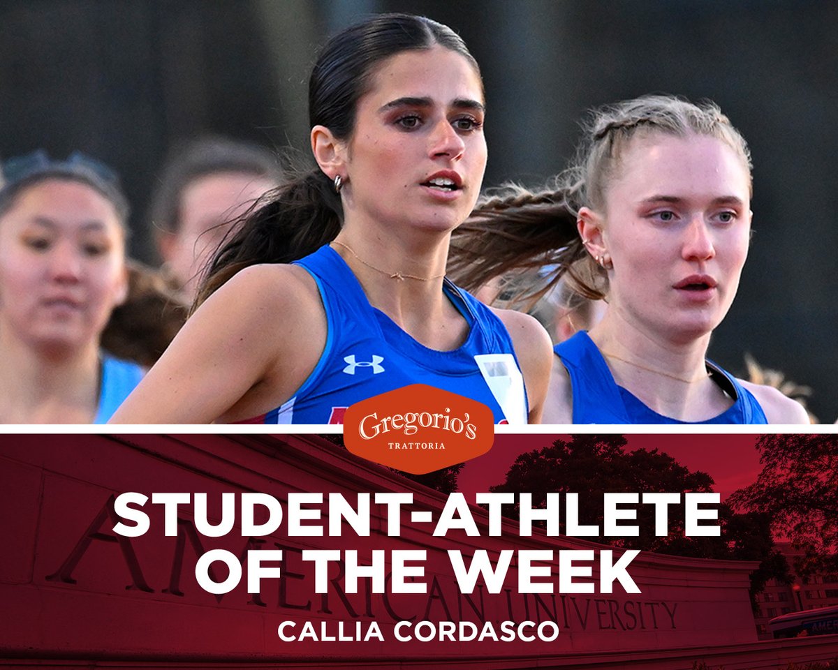 With the top finish for @AU_TrackXC in the women's 1,500 meter run this past weekend, senior Callia Cordasco is our Gregorio's Trattoria Student-Athlete of the Week! The Eagles competed at the Dalton Ebanks Invitational hosted by George Mason. ➡️ aueagles.link/aow-cordasco