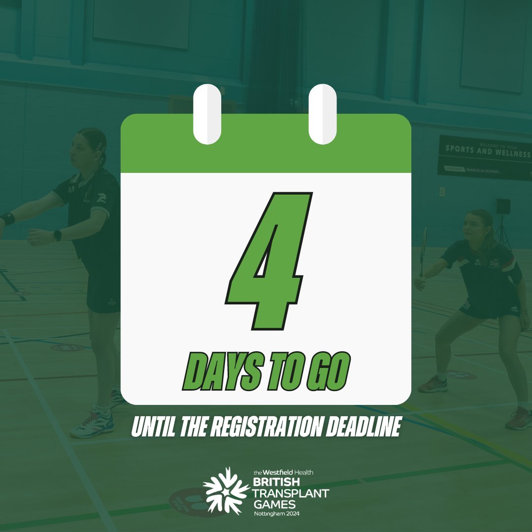 🚨⏰4 DAYS UNTIL REGISTRATION CLOSES!⏰🚨

Registration will close on 📅 Sunday 26th May!

Head over to our website and press 'Register Now' to register in time for Nottingham 2024!

Make sure you don't miss out!

💻britishtransplantgames.co.uk