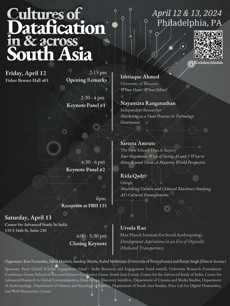 We're looking forward to hosting the Cultures of Datafication In & Across South Asia Workshop, April 12-13, @Penn. Keynotes by @ishtiaqueSIA @neintara @actuarial_self @qadrida & Ursula Rao. Reg. link: eventbrite.com/e/cultures-of-… Full program: bit.ly/DataficationWo…