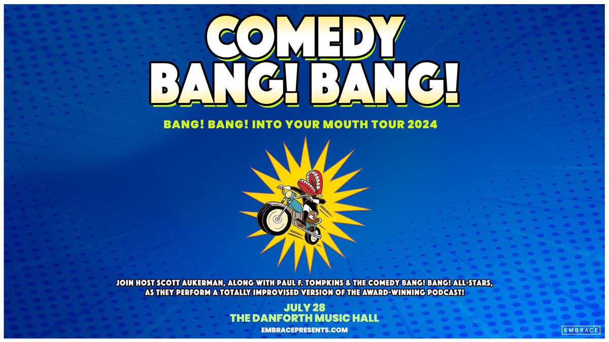 JUST ANNOUNCED: Join host Scott Aukerman, along with Paul F. Tompkins & The Comedy Bang! Bang! All-Stars, when they bring the award-winning podcast to The Danforth on July 28th!  Presale: Thur Apr 11th | code: EMBBANG RSVP: tinyurl.com/yfe4j3a8