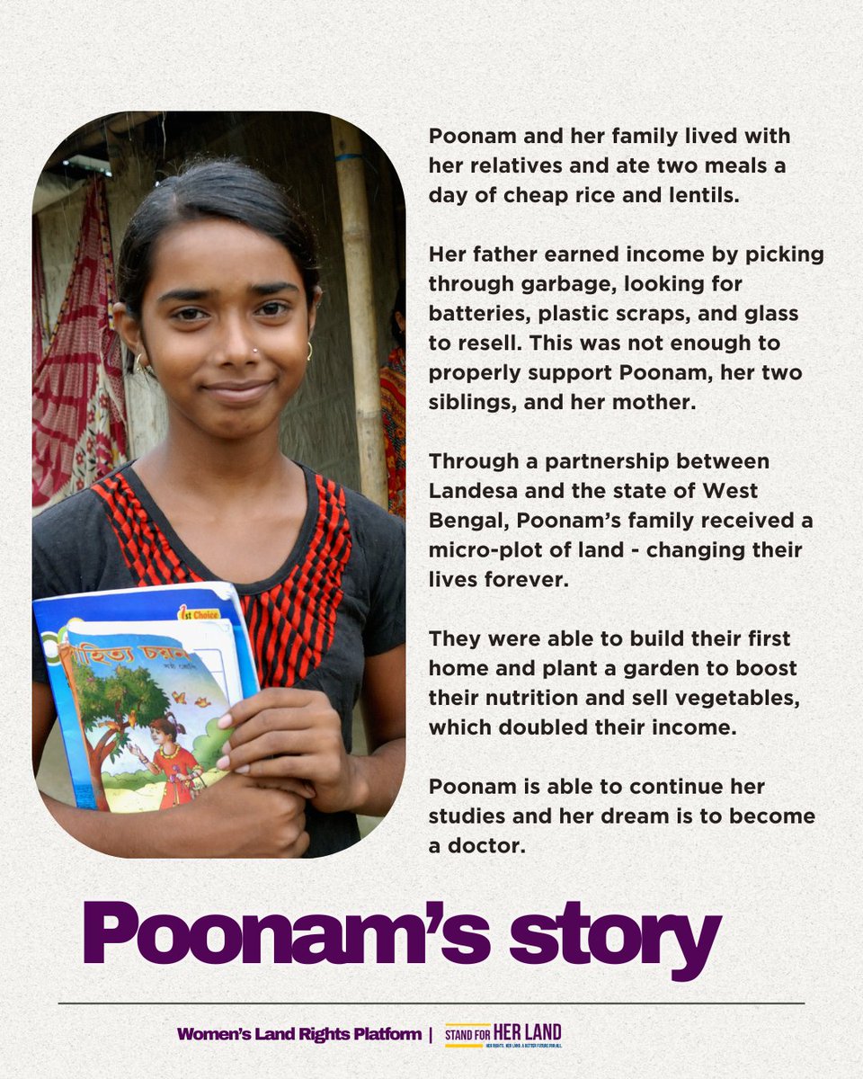 A plot of land about twice the size of a tennis court saved Poonam’s future. Read more on how #LandRights have helped Poonam keep her dream of becoming a doctor. You can read more stories like Poonam’s and share your's on the #S4HL WLR Platform: stand4herland.org/wlr-platform/