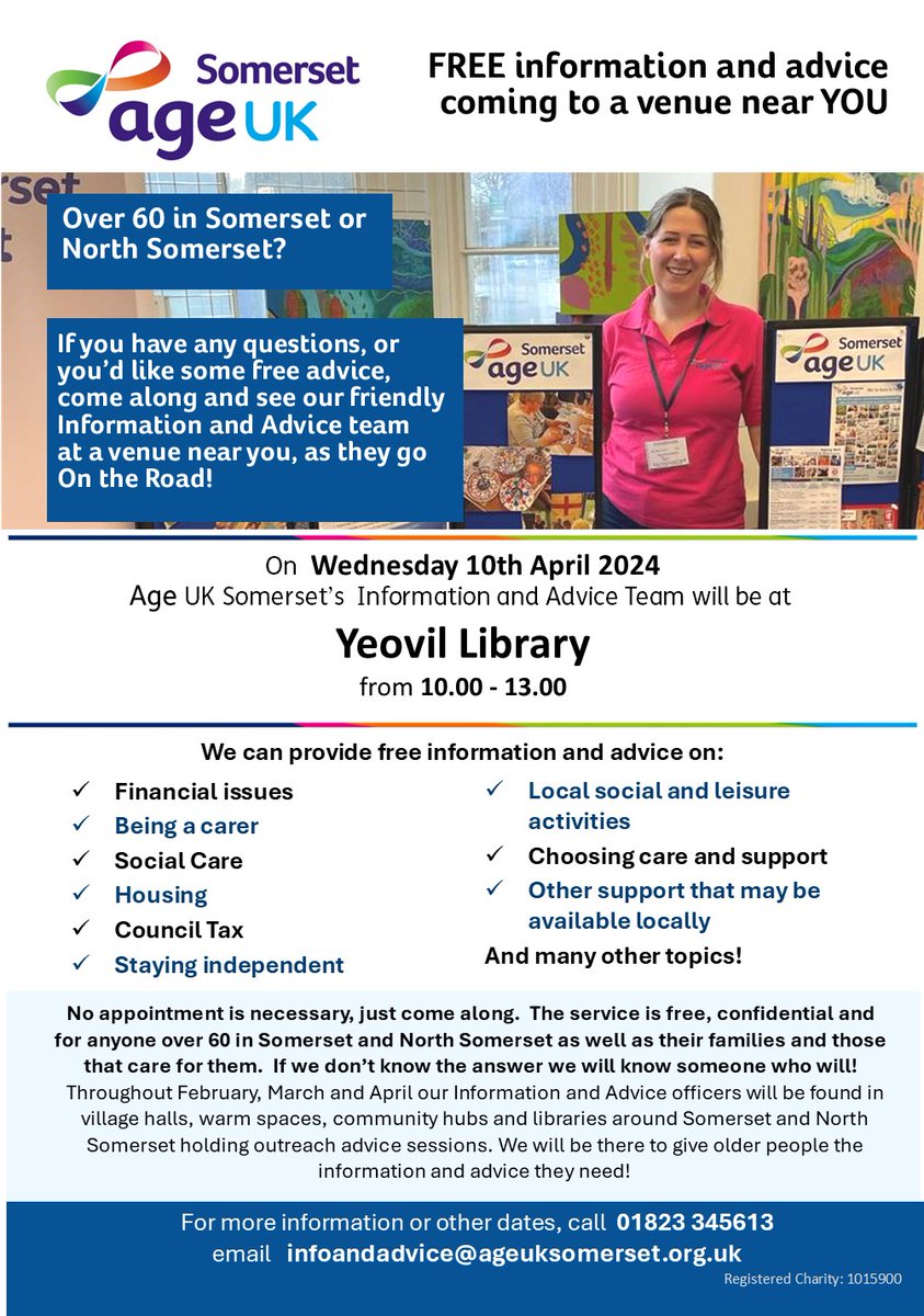 Our Info &amp; Advice team are ON THE ROAD! 
We're at Yeovil Library,  Weds 10th, 10-1 for FREE advice &amp; answers to your questions or to learn about #AgeUKSomerset's services

For more info call 01823 345613, email infoandadvice@ageuksomerset.org.uk or visit: ageuk.org.uk/somerset/our-s…