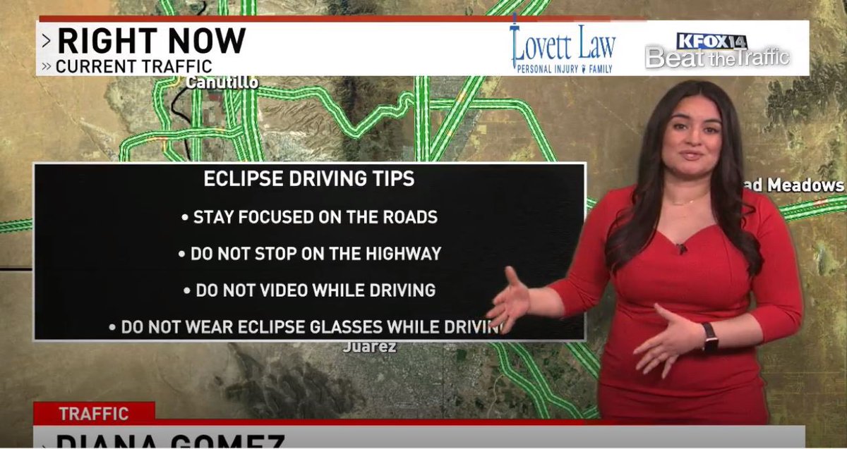 #HappyEclipseDay 🌒! A few friendly reminders below while on the roadways today. Avoid being distracted and pullover. #EPTraffic #KFOX14MorningNews #TrafficReporter #EclipseSolar2024