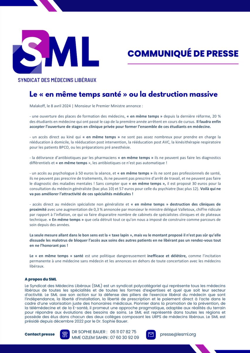 🚨Communiqué de presse🚨 Le « en même temps » santé est une politique dangereusement inefficace et délétère, comme l’incitation permanente à une médecine sans médecin et les annonces en dehors de toute concertation avec les médecins libéraux. @fredvalletoux