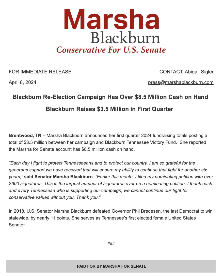 .@VoteMarsha does it again! With over $8.5 million cash on hand and $3.5 million raised in the first quarter of 2024, we’re charging full steam ahead for November! 💪