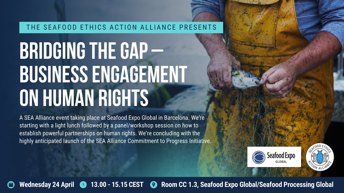 SEA_Alliance's tweet photo. This event at @SeafoodExpo_GL hosted by SEA Alliance is sure to spark some thoughts on effectively engaging with human rights in your supply chain.

Secure your spot here 👉 https://t.co/Zin3u7VZmN #SEG24 #SeafoodExpoGlobal https://t.co/KUq9OFQgiE