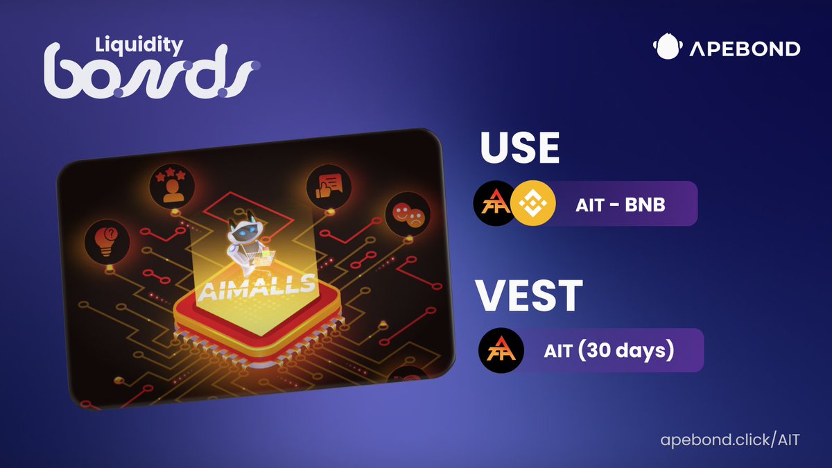 🆕 Liquidity Bonds with @ai_malls 🤝 🛒 Experience the future of shopping with AiMalls, an AI-powered e-commerce platform! 👜 Shop smart seamlessly, powered by the $AIT token! 💎 Get $AIT at a discount! ➡️ apebond.click/AIT