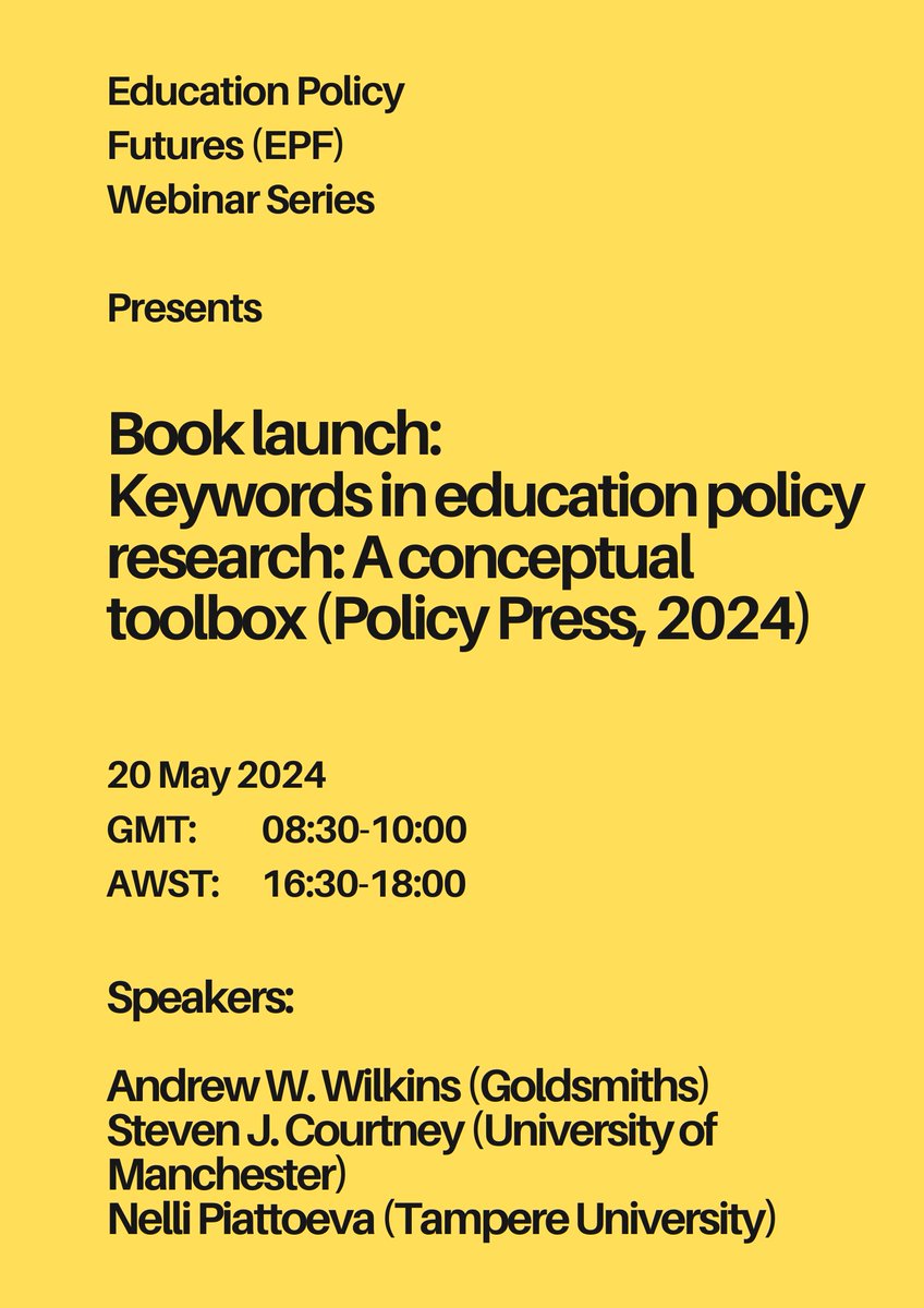 Join us via webinar on 20 May for the book launch of Keywords in education policy research: A conceptual toolbox by @andewilkins @Steb7Steve @NelliPiattoeva, published by @policypress Email/DM to receive invite Link to book: policy.bristoluniversitypress.co.uk/keywords-in-ed…