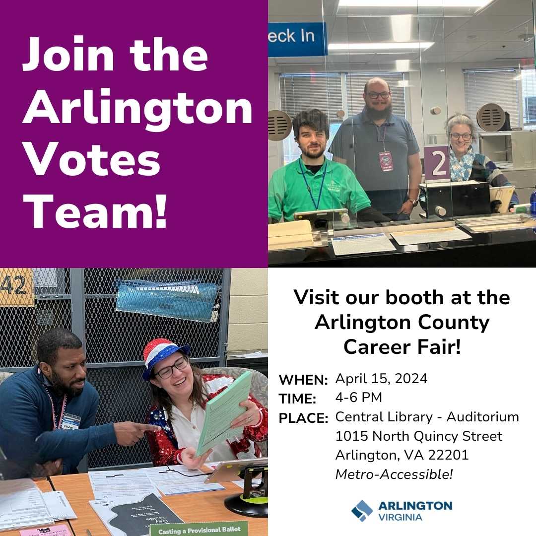 Are you a registered voter in VA who wants to get involved in elections? Apply to be an Election Officer! We’ll have a booth at Arlington County’s upcoming Career Fair on 4/15 from 4-6pm at the Central Library! Apply to work the polls here: apps.elections.virginia.gov/OnlineForms/Of…