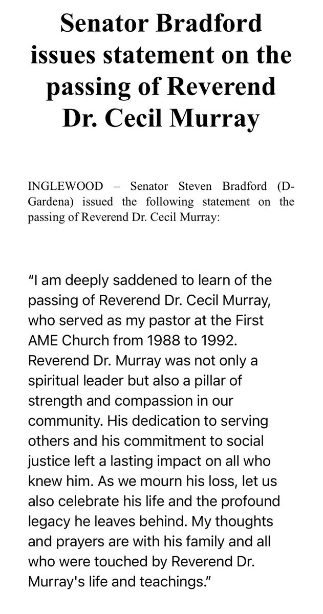 Senator Bradford issues statement on the passing of Reverend Dr. Cecil Murray 🙏🏽
