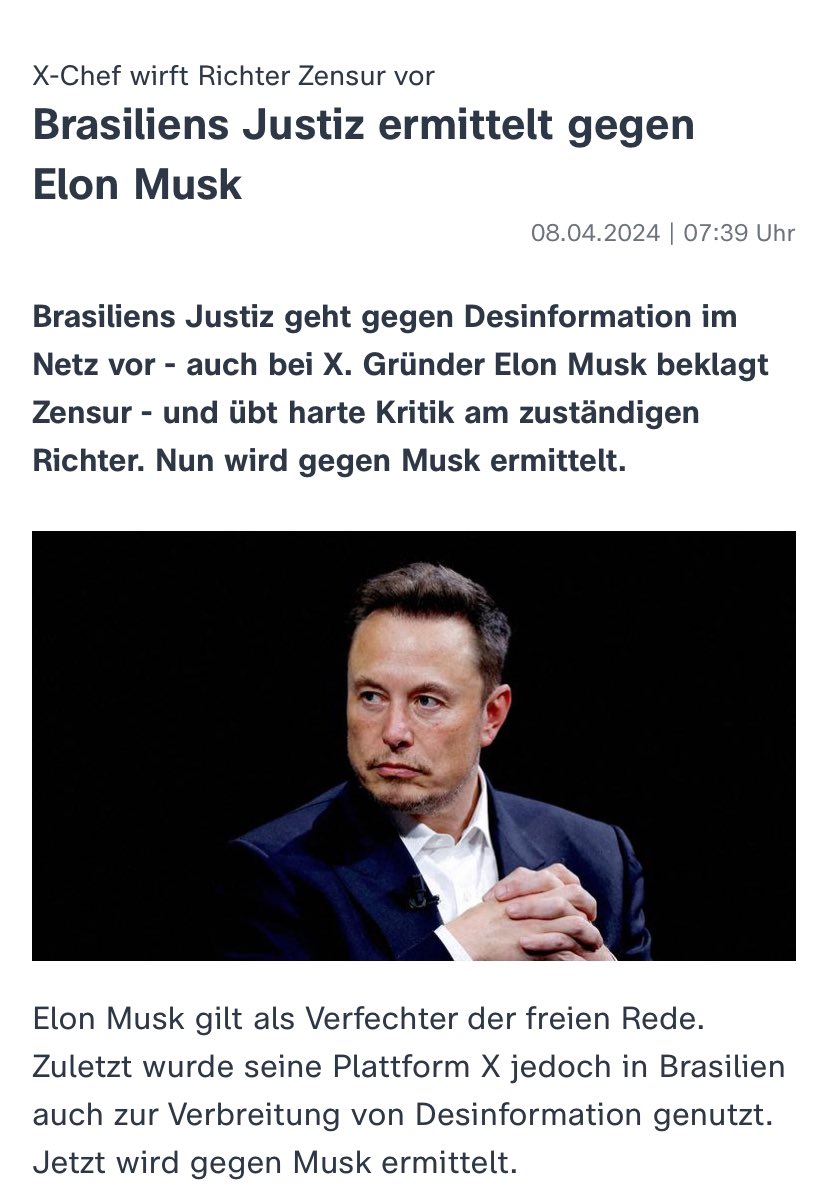 A mídia alemã repercutiu o indiciamento de Elon Musk pelo ministro Alexandre de Moraes no inquérito perpétuo que tramita no STF.