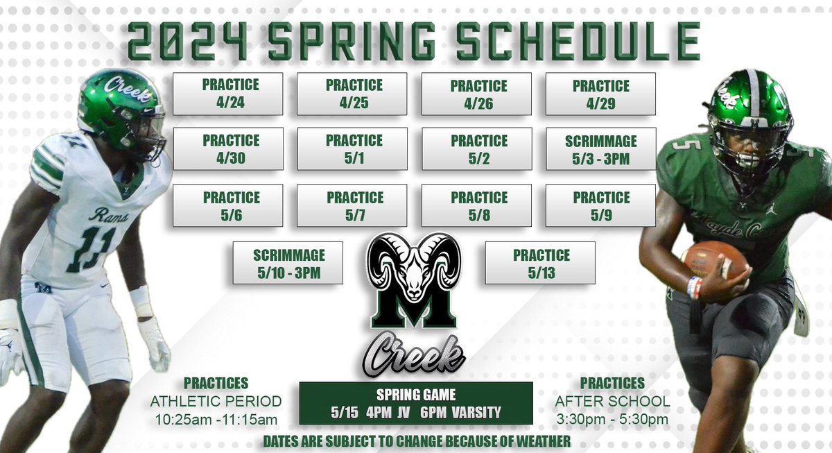 The wait for spring ball is almost over!We kickoff 2024 spring practices April 24th with the spring game May 15th. Please look at the schedule below for more details. @MCHS_Rams @MCHSAthleticDep @KatyISDAthletic @CoachJensen3 #RPND #TheCreekIsRising