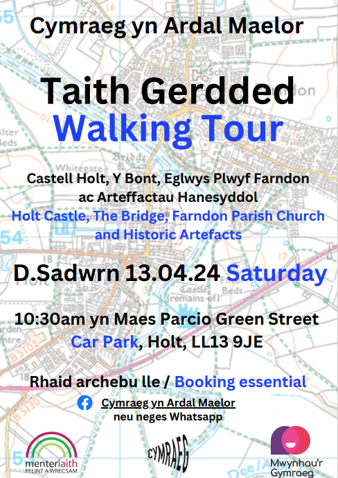 🚶Dewch draw ar daith dywys gyda Cymraeg yn Ardal Maelor 🚶Come and join Grŵp Cymraeg Ardal Maelor on a walking tour of the area 📆Dydd Sadwrn/Saturday 13.04.24 ⏰10:30am 📍Maes Parcio Green Street Car Park LL13 9JE I archebu/To book: Cymraeg yn ardal Maelor.