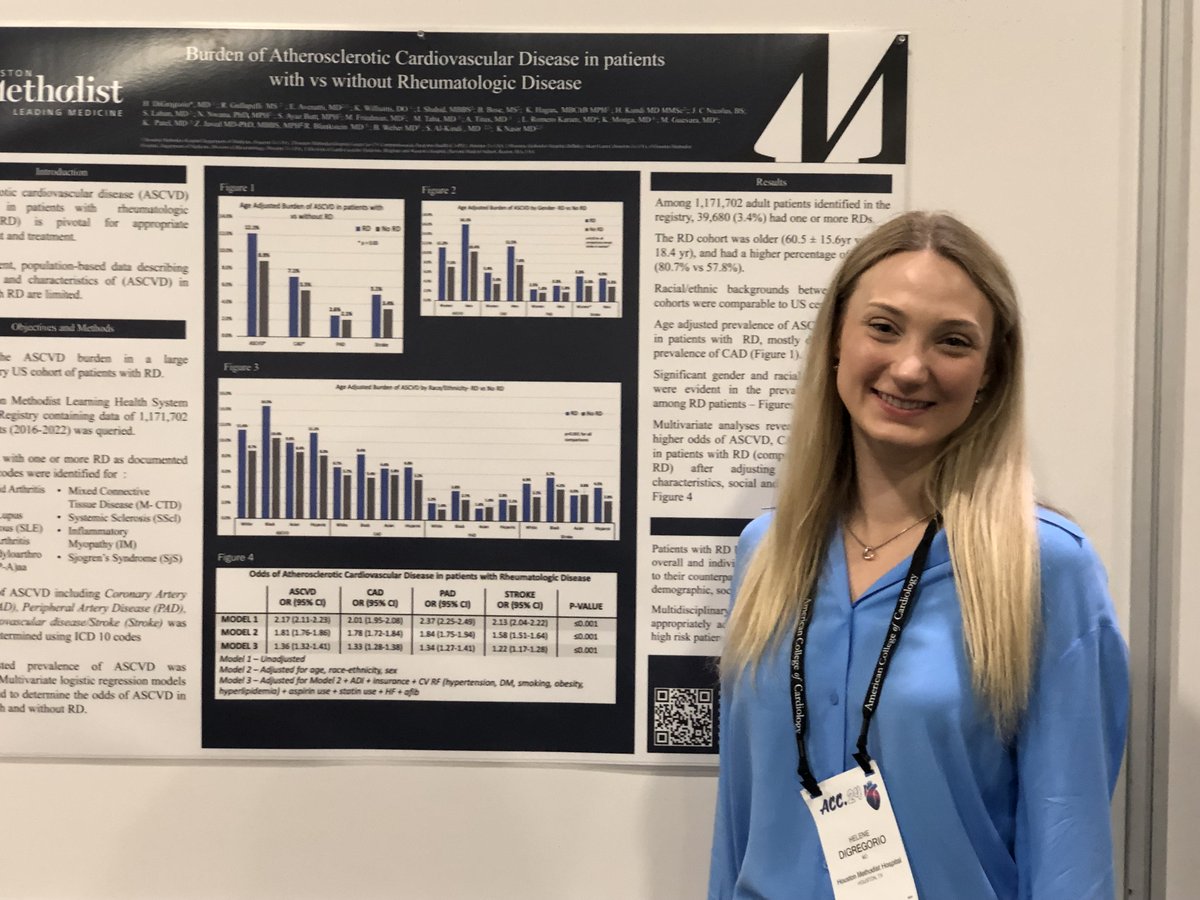 Dr. Helene DiGregorio shares at #ACC24 insights on burden of atherosclerotic cv disease in patients with and without rheumatologic disease, based on the Houston Methodist CV Disease Learning Health System Registry. #MedicalResearch #Cardiology #RheumatologicDisease