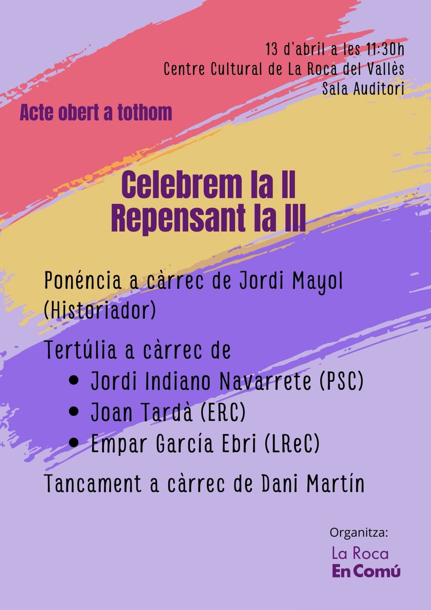 El proper dissabte 13 d'abril us esperem al Centre Cultural de la Roca del Vallès a l'acte organitzat per @larocaencomu 'Celebrem la II Repensant la III' on comptarem amb la presència del company @JoanTarda. Per la democràcia i la germanor internacional, salut i repúbliques!