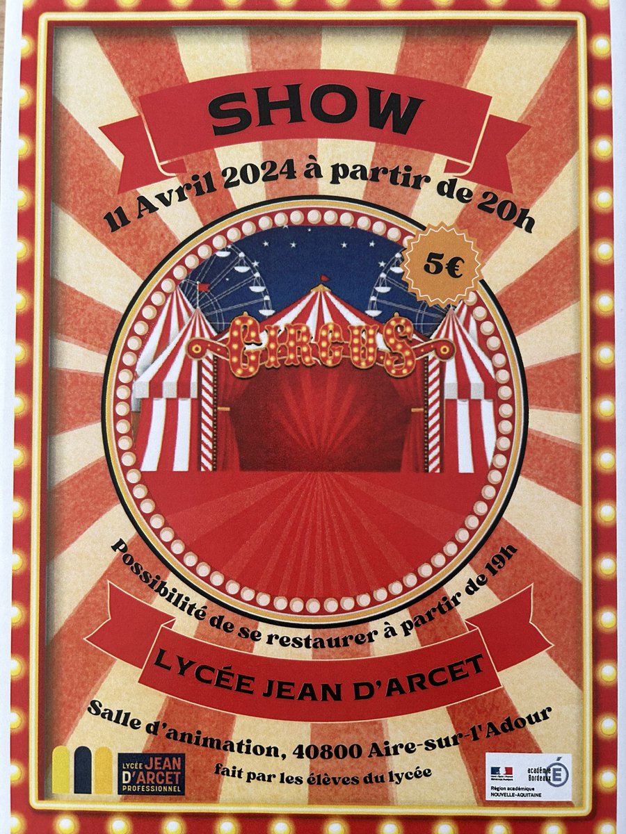 ArcetLp's tweet photo. Les élèves du lycée Jean d’Arcet vous proposent leur SHOW le jeudi 11 avril au centre d’animation d’Aire sur l’Adour
Au programme:
✔️défilé de coiffures réalisées par les élèves de Bac Pro Métiers de la coiffure 
✔️spectacle de cirque en partenariat avec l’AFCA https://t.co/CJZuGlRGFa