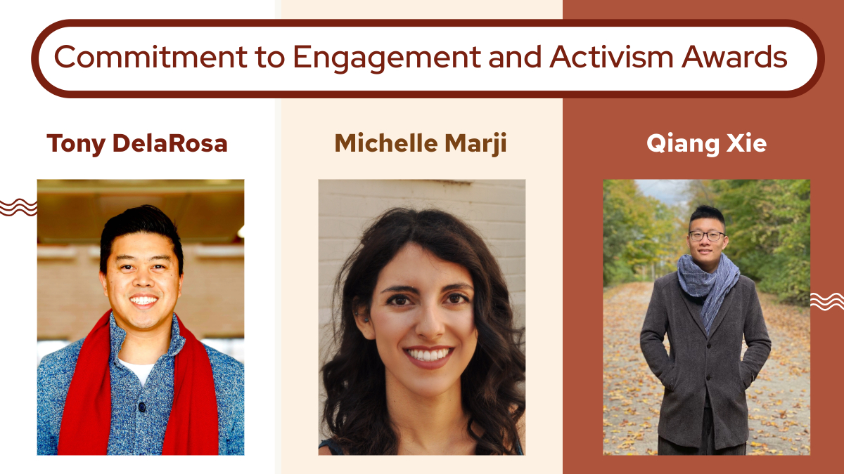 Congratulations to Tony DelaRosa, Michelle Marji, and Qiang Xie for receiving the Graduate Student Commitment to Engagement and Activism award in this year's Bucky Awards! Learn more about these awardees: grad.wisc.edu/diversity/grad…