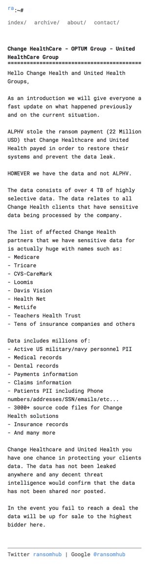 Data supposedly stolen during the #ransomware attack on Change Healthcare will supposedly be leaked on #RansomHub's site unless Change pays for a supposedly second time because #Alphv supposedly scammed the affiliate responsible for the attack.