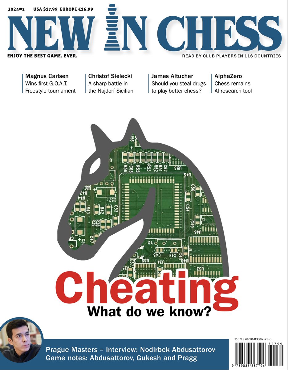 The @NewInChess 2024#2 is out with reports on the Prague Masters and the Freestyle Chess GOAT Challenge, an interview with @NodirbekGM, the latest research of @GoogleDeepMind on #AlphaZero, the company DGT, cheating in chess, and @jaltucher on improving his ageing brain.