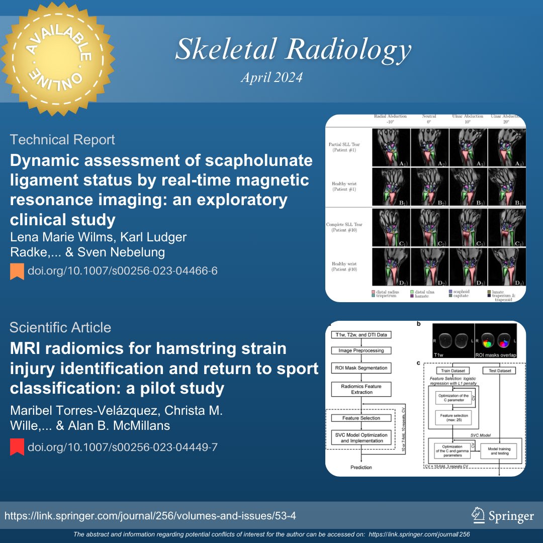 Access the April issue of the #SkeletalRadiology Journal To read the full articles, use the following links: 🟠 rdcu.be/dC11S 🔴 rdcu.be/dC14y #SkeletalRadiology #SkeletalJournal #SKRAjournal