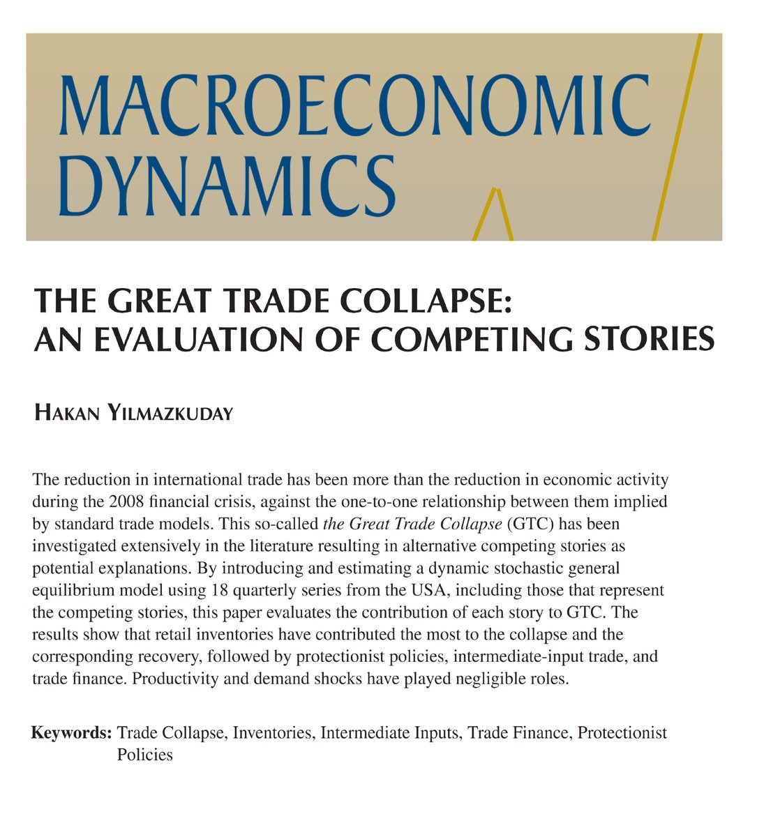 Introducing and estimating a DSGE model, this paper evaluates the contribution of each competing story in the literature to the Great Trade Collapse: doi.org/10.1017/S13651…