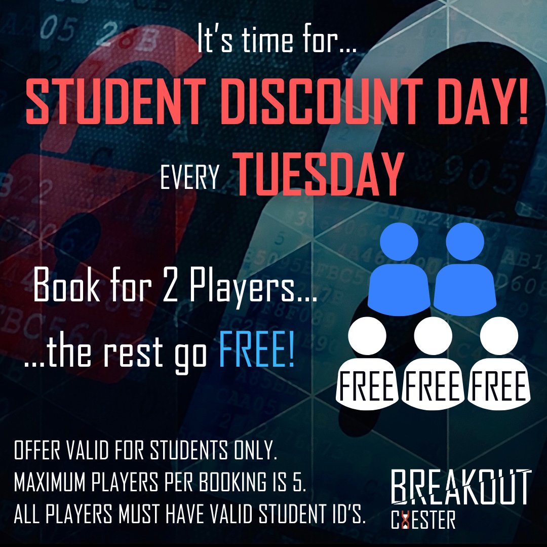 Calling all students! We have an exciting new offer for you! Every Tuesday (starting tomorrow April 9th) if you book for two players, the rest of your team can come and play for free! Don't forget every member needs to bring their valid ID card along with them🥳 Call to book!