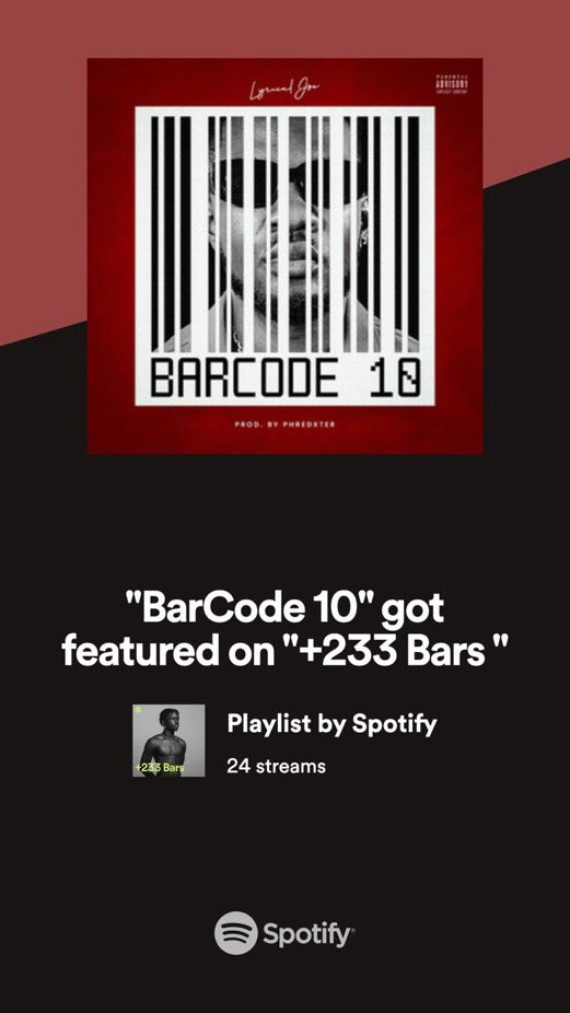 al_var0777's tweet photo. Barcode 10 got featured on #NewMusicFridayGhana and #233bars on Spotify
run it up now on .@Spotify
https://t.co/JyqpcuEeQf…
#BarCode10 https://t.co/f17bvoGgpQ