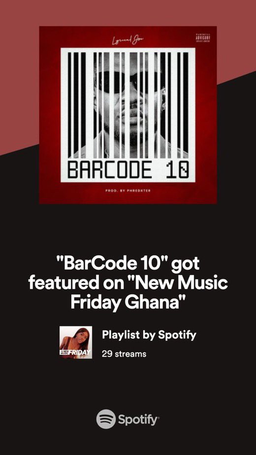 al_var0777's tweet photo. Barcode 10 got featured on #NewMusicFridayGhana and #233bars on Spotify
run it up now on .@Spotify
https://t.co/JyqpcuEeQf…
#BarCode10 https://t.co/f17bvoGgpQ