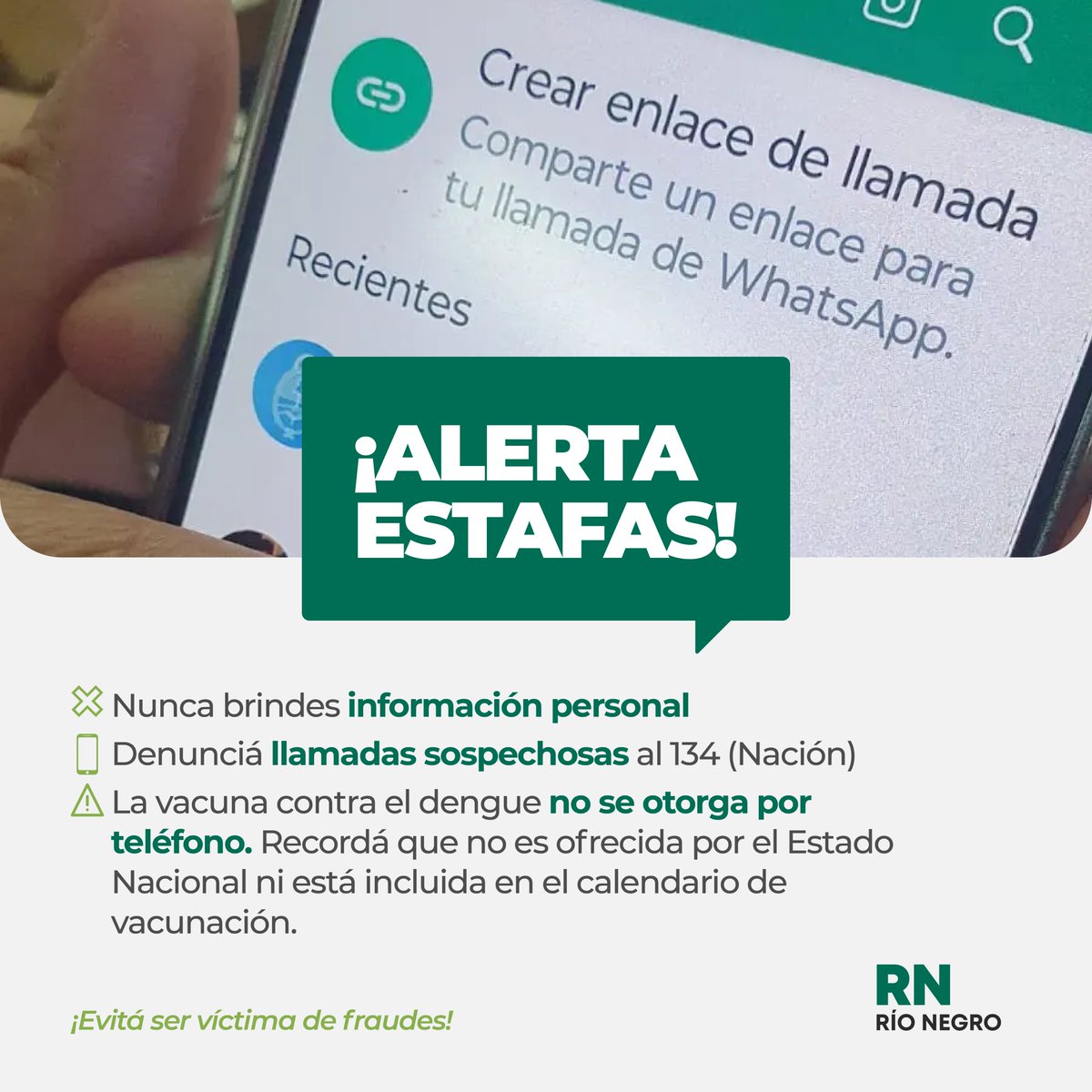 rionegrogob's tweet image. 🚨 @RioNegroSalud alertó sobre una nueva modalidad de estafa por WhatsApp. En este caso, los estafadores se hacen pasar por trabajadores del Ministerio de Salud de Nación. 

Te dejamos algunas recomendaciones 👇