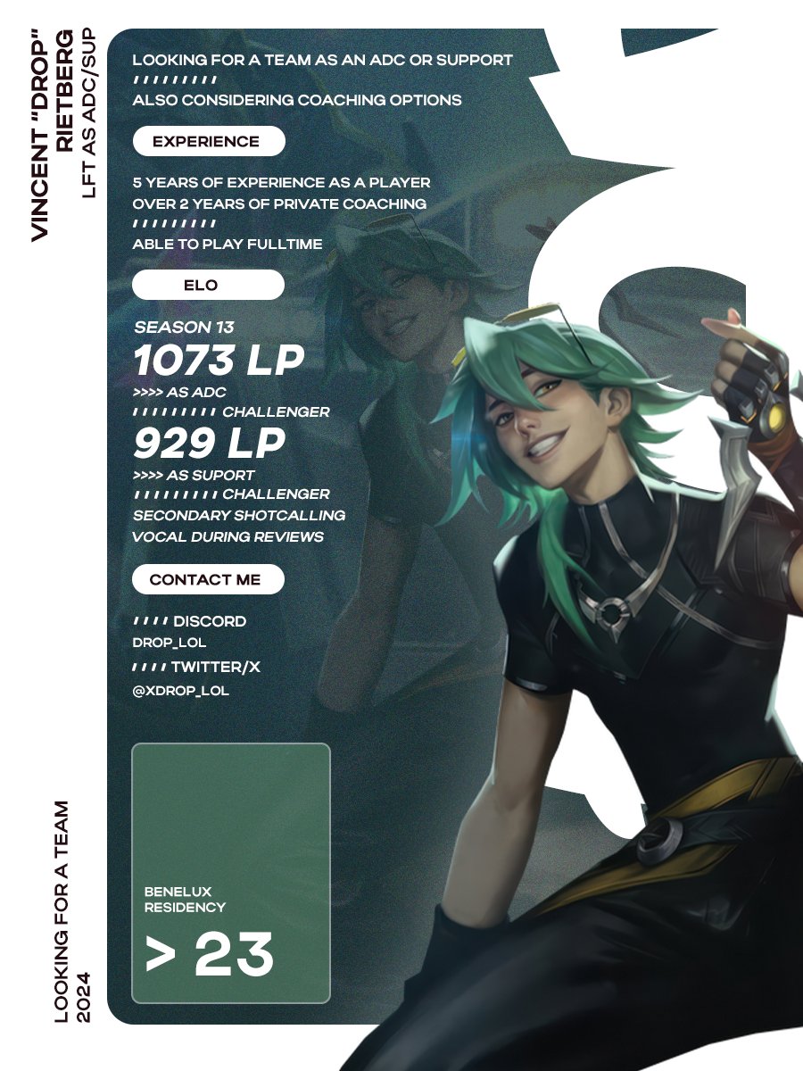 After a split as head coach I am looking for a new team.

Being in the coaching role made me realise the passion I have for competing.
While still open to coaching, I am also motivated to play and looking for offers as ADC or SUP.

Vods and references are available upon request.