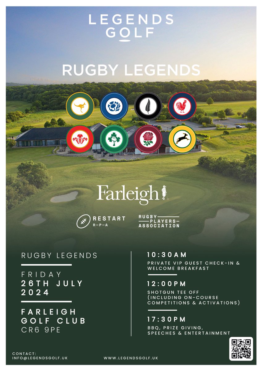Calling all rugby fans and golf enthusiasts 🏉⛳️ Join International rugby legends for an unforgettable 18 hole tournament at The Rugby Legends Golf Day. Tee off takes place on the 26th of July, at Farleigh Golf Club. Visit the 🔗 in the bio to find out more ✍️