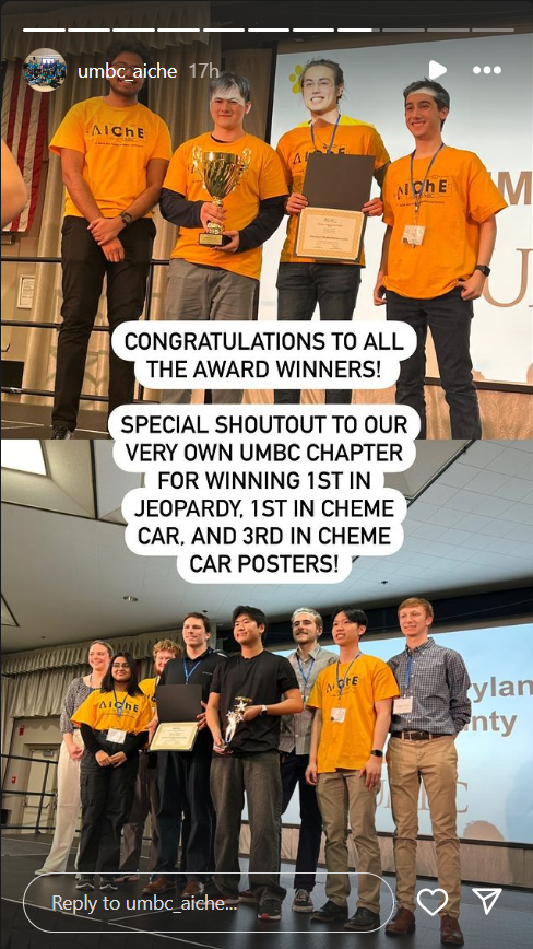 Mark_R_Marten's tweet image. Congratulations to @UMBC_CBEE Student Teams!! At the AIChE 2024 Mid-Atlantic Student Conference (aiche2024.umbc.edu), our students who won 1st place in ChemE Car and Jeopardy! @UMBC.  #UMBCengineering #UMBC