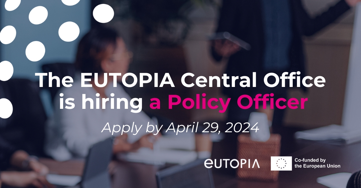 🚨JOB ALERT! The #EUTOPIA Central Office is hiring a Policy Officer to be part of a skilled and dynamic team dedicated to bridging 10 universities all over Europe in the frame of the #EuropeanUniversities Initiative. 📌Job based in Brussels at the @vub: bit.ly/3TR9cHX