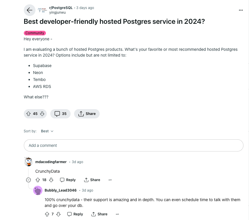 Get back from vacation, check up on some things. Best Developer Friendly Postgres service? @crunchydata Yep story checks out, guess I didn't miss too much.