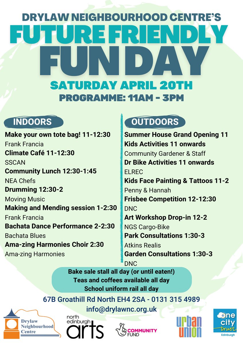 Coming up later this month: a whole host of great activities at @DrylawNC's Future Friendly Fun Day! 🎈 Make your own tote bag, get your bike serviced, share your views on how to improve Drylaw Park & more. 🤗