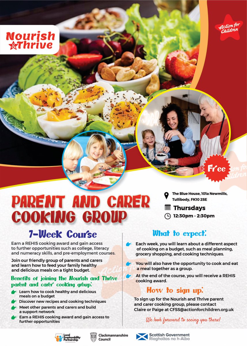 Great course from @coopuk local cause @Actn4ChildrScot #Tullibody to help cook healthy delicious meals on a budget.Starts 18th April, for parents/carers. Will receive REHIS qualification. Sign up details on flyer @RichardDewar111 @PaulMcPCoop